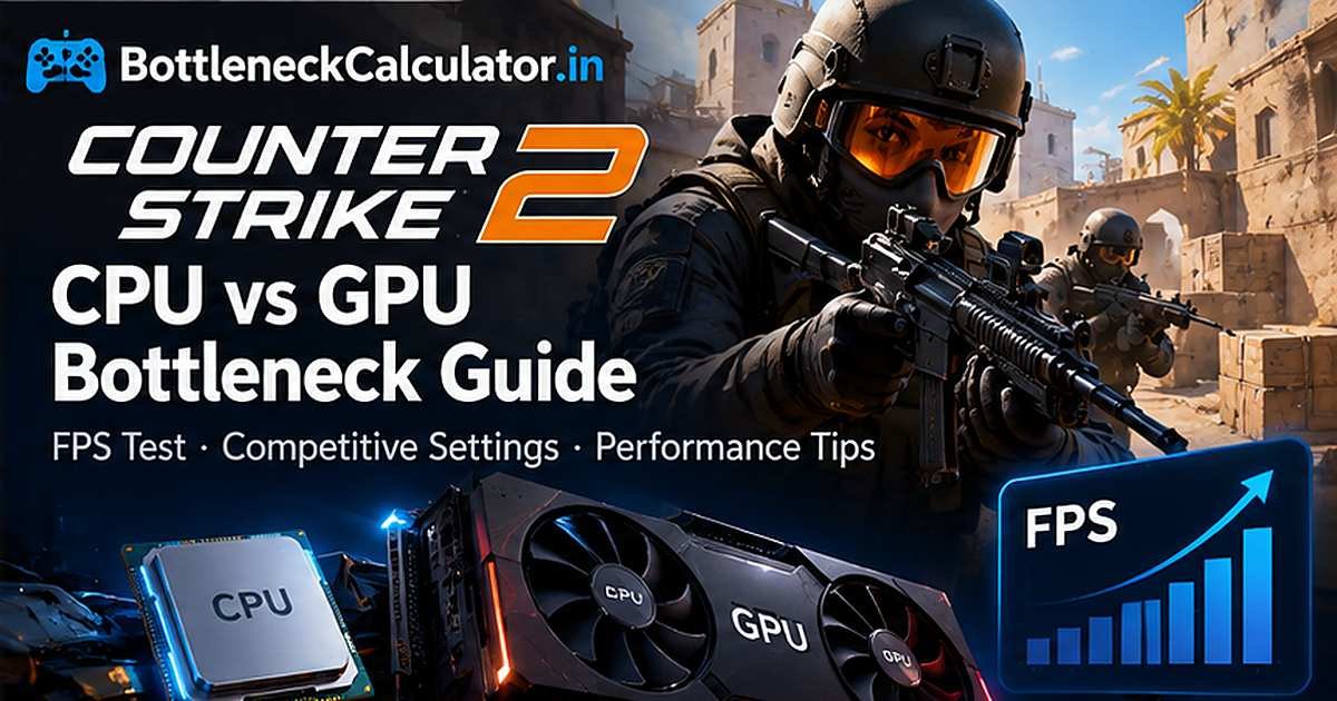 Counter-Strike 2 CPU vs GPU bottleneck guide artwork showing a tactical shooter scene, processor, graphics card and FPS chart.