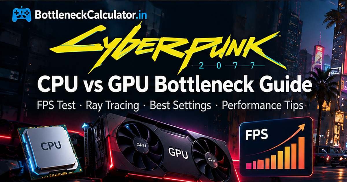 Cyberpunk 2077 CPU vs GPU bottleneck guide artwork with a neon city, gaming PC hardware and an FPS performance graphic.