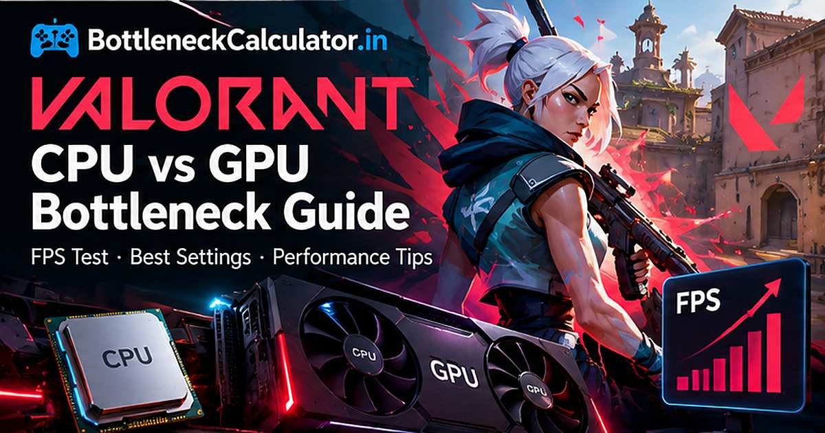 VALORANT CPU vs GPU bottleneck guide featured image showing a game-inspired character, processor, graphics card and FPS performance chart.
